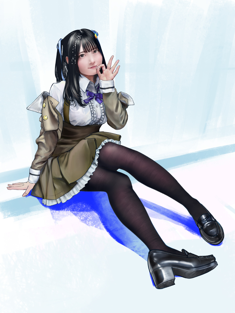 actor, actor_connection, arm_at_side, assault_lily, black_eyes, black_footwear, black_hair, black_pantyhose