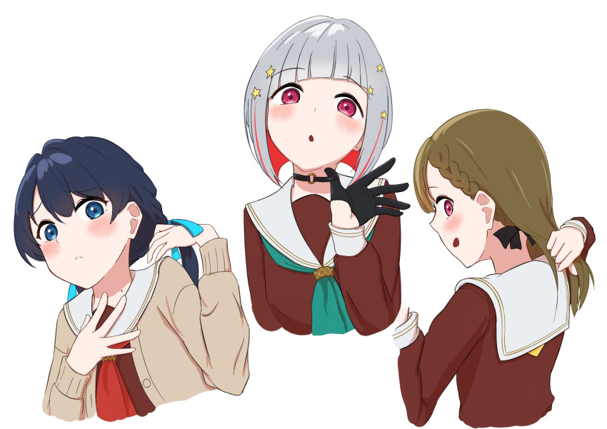 3girls, :<, adjusting_choker, adjusting_clothes, aqua_neckerchief, black_bow, black_choker, black_gloves, blue_eyes, blue_hair, blue_ribbon, blush, bob_cut, bow, braid, brown_cardigan, brown_dress, brown_hair, cardigan, center-flap_bangs, choker, closed_mouth, colored_inner_hair, commentary_request, cropped_arm, cropped_torso, dark_blue_hair, diagonal_bangs, dollchestra, dress, frown, gloves, grey_hair, hair_bow, hair_ornament, hair_ribbon, half_gloves, hasu_no_sora_school_uniform, highres, holding, holding_hair, inverted_bob, kachimachi_kosuzu, link!_like!_love_live!, long_hair, long_sleeves, looking_at_viewer, looking_back, love_live!, low_twintails, mole, mole_on_neck, multicolored_hair, multiple_girls, murano_sayaka, nape, neck, neckerchief, o-ring, o-ring_choker, open_cardigan, open_clothes, open_mouth, pink_eyes, red_eyes, red_neckerchief, redhead, ribbon, sailor_collar, school_uniform, short_hair, side_braids, sideways_mouth, simadaburyu, simple_background, smile, star_(symbol), star_hair_ornament, straight_hair, streaked_hair, twintails, virtual_youtuber, white_background, white_sailor_collar, winter_uniform, yellow_neckerchief, yugiri_tsuzuri