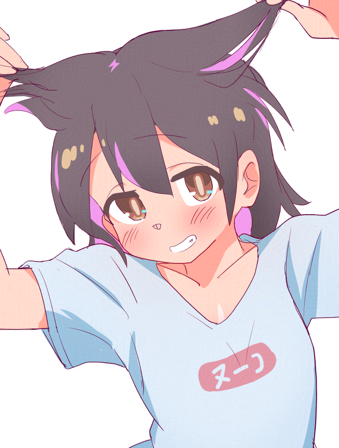 1girl, black_hair, blush, brown_eyes, collarbone, commentary, cosplay, grin