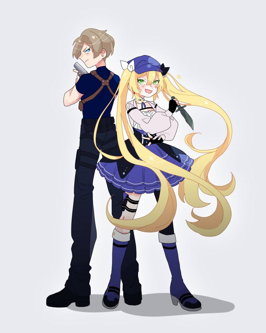 1boy, 1girl, :d, absurdres, black_footwear, black_gloves, black_pants, blue_eyes