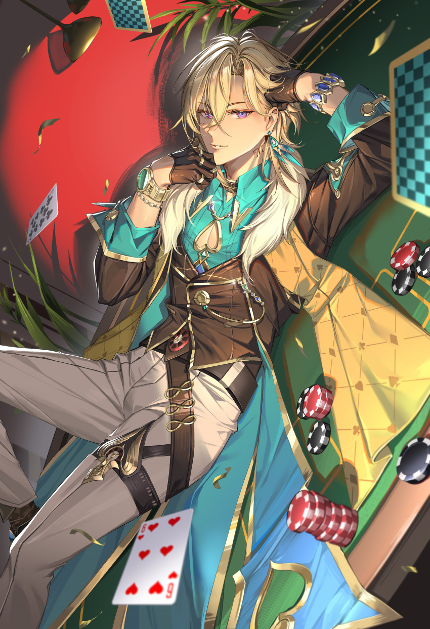 1boy, absurdres, al_guang, aventurine_(honkai:_star_rail), belt, black_belt, black_coat, black_collar