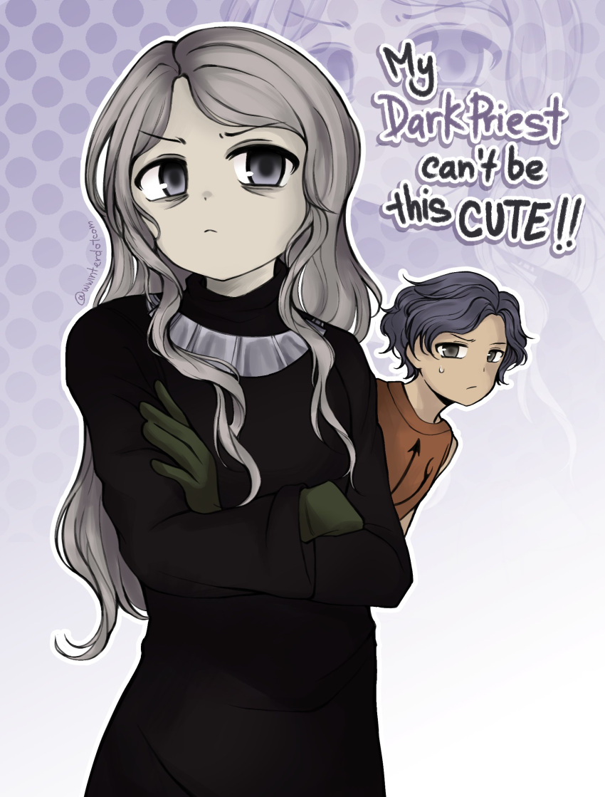 absurdres, black_dress, cahara_(fear_&amp;_hunger), can't_be_this_cute, dress, enki_(fear_&amp;_hunger), fear_&amp;_hunger, genderswap, gloves, highres, human_experiment_(wwinterdotcom), long_hair, ore_no_imouto_ga_konna_ni_kawaii_wake_ga_nai, short_hair, sweater, tank_top, tsundere, turtleneck, turtleneck_sweater, worried