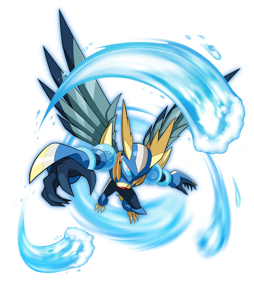 1boy, absurdres, aquaman.exe, aquaman.exe_(cosplay), archived_source, armor, assault_visor, black_bodysuit, blue-tinted_eyewear, blue_armor, blue_helmet, blue_wings, bodysuit, cosplay, falzar_(mega_man), full_body, helmet, highres, male_focus, mask, mega_man_(series), mega_man_battle_network_(series), mega_man_battle_network_6, megaman.exe, mouth_mask, official_art, red_eyes, slit_pupils, solo, talons, tinted_eyewear, water, white_background, wings