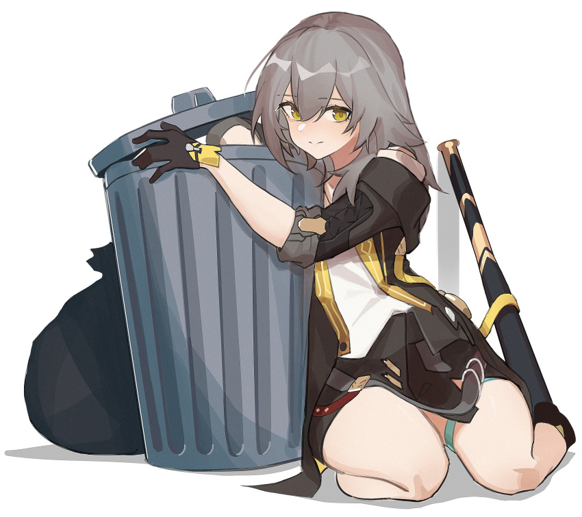 1girl, baseball_bat, black_gloves, black_jacket, blush, gloves, grey_hair, hair_between_eyes