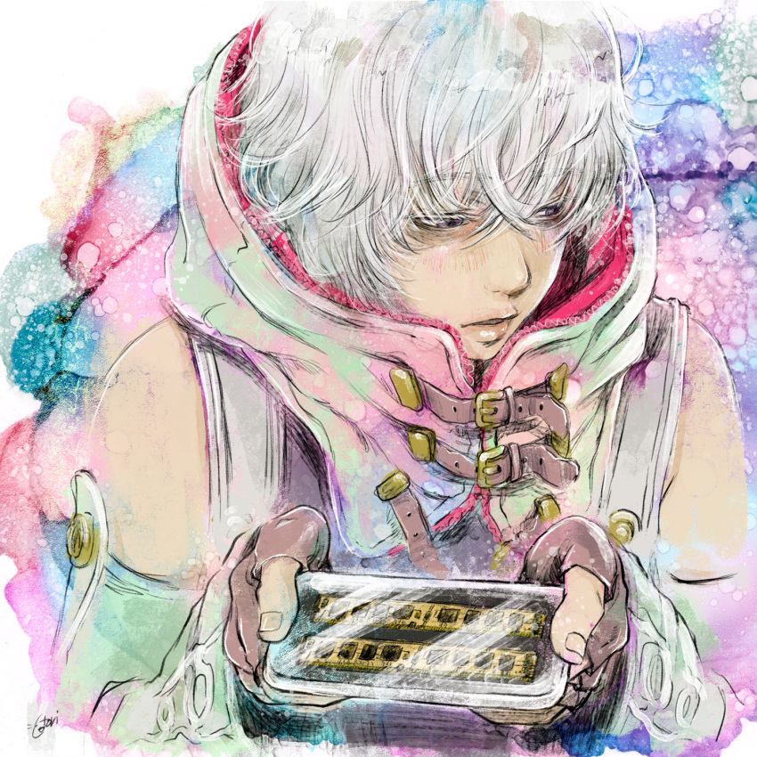 1boy, bags_under_eyes, bare_shoulders, cotori_(globule), detached_sleeves, fingerless_gloves, gloves, gnosia
