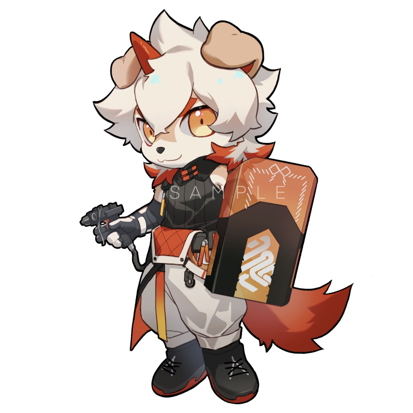 1boy, arknights, black_footwear, black_shirt, chibi, colored_tips, dan_(59736969), furry, furry_male, highres, holding, holding_shield, horns, hung_(arknights), komainu_boy, komainu_ears, komainu_tail, looking_at_viewer, male_focus, multicolored_hair, orange_eyes, pants, sample_watermark, shield, shirt, single_horn, sleeveless, sleeveless_shirt, smile, watermark, white_background, white_pants