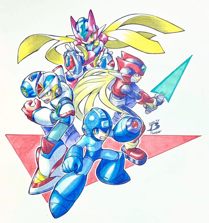 4boys, arm_cannon, armor, artist_logo, biometal, blonde_hair, blue_bodysuit, blue_eyes