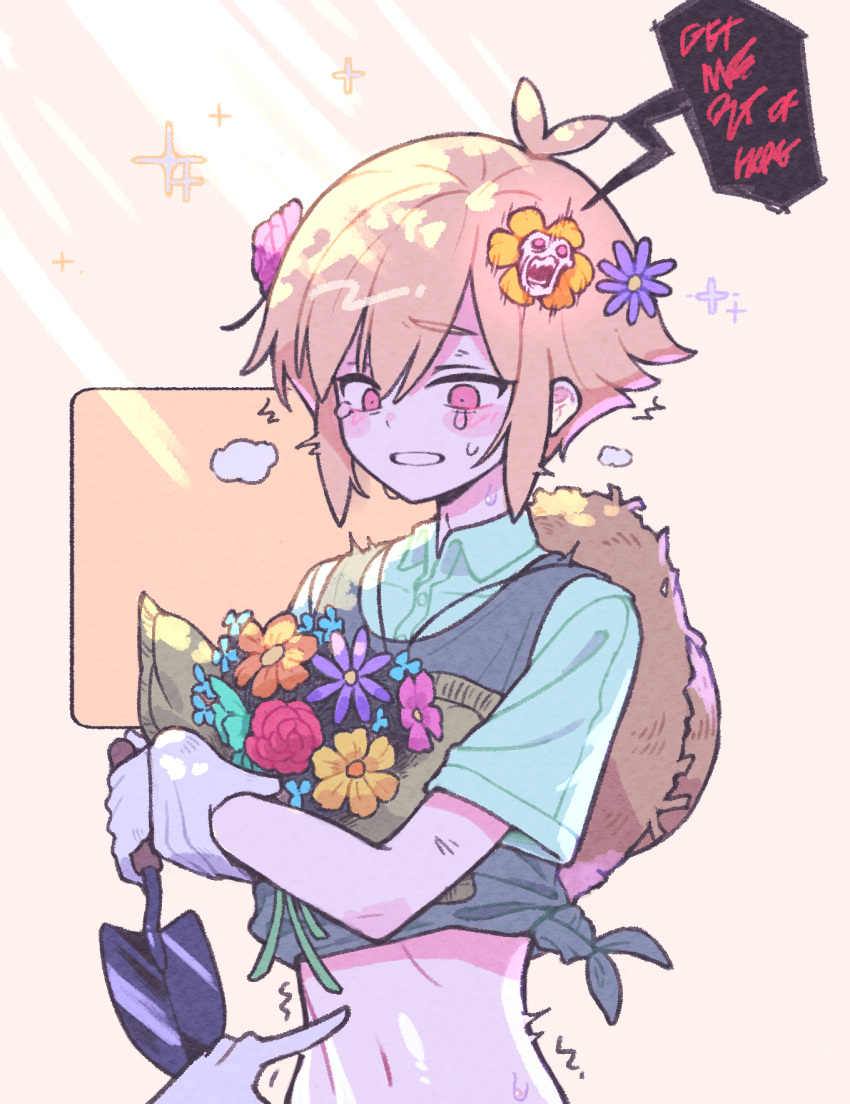 1boy, basil_(faraway)_(omori), basil_(omori), blonde_hair, blush, collared_shirt, crop_top, disembodied_limb