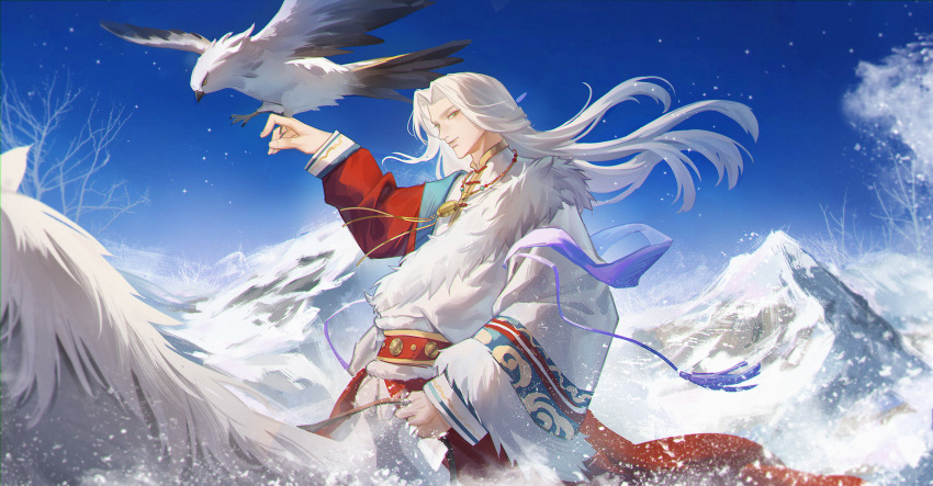 1boy, arm_out_of_sleeve, bare_tree, bird, bird_on_hand, calla10, chinese_clothes, closed_mouth
