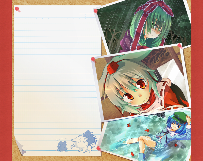 himekaidou_hatate, himekaidou_hatate_(crow), inubashiri_momiji, inubashiri_momiji_(wolf), kagiyama_hina, kawashiro_nitori, photo_(object), rain
