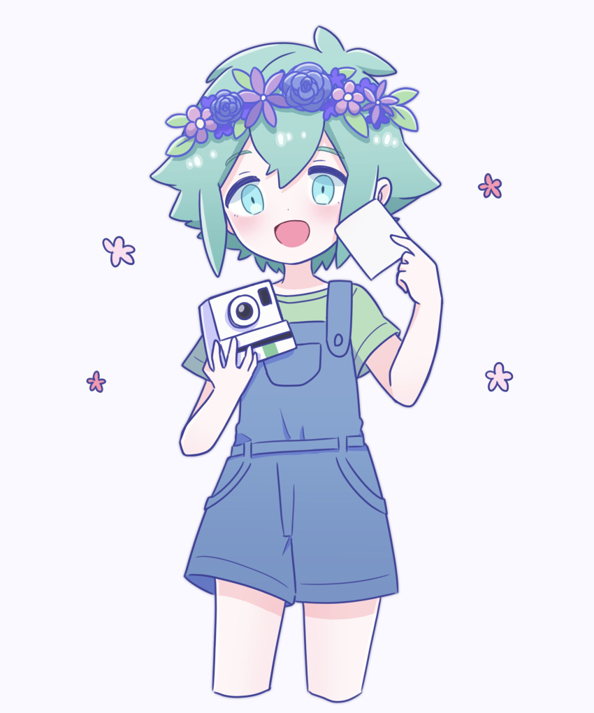 1boy, absurdres, antenna_hair, aqua_eyes, basil_(headspace)_(omori), basil_(omori), blue_flower, blue_overalls