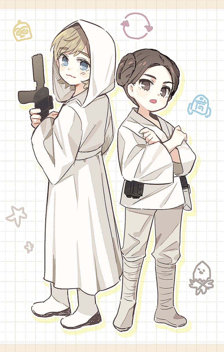 1boy, 1girl, belt, blaster_(star_wars), blue_eyes, boots, brother_and_sister, c-3po