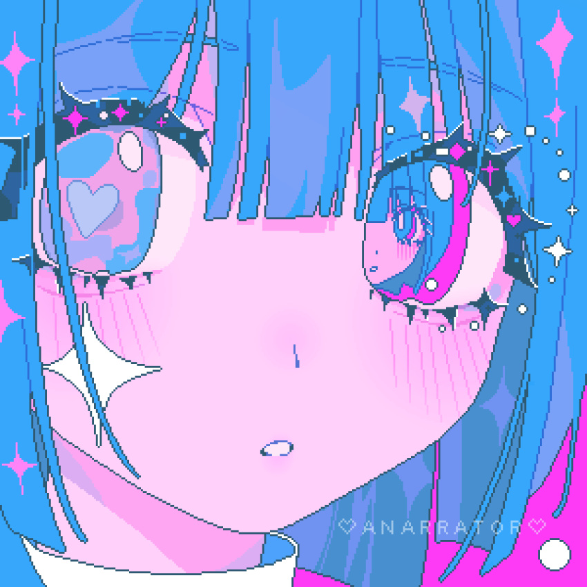 2girls, :o, animated, animated_gif, apangbai_(anarrator), artist_name, blinking, blue_eyes, blue_hair, blunt_bangs, blunt_ends, blush, clone, close-up, colored_skin, commentary, english_commentary, eyelashes, eyes_visible_through_hair, heart, heart-shaped_pupils, highres, looking_at_viewer, multiple_girls, original, parted_lips, pink_background, pink_eyes, pink_skin, pink_theme, pixel_art, portrait, short_hair, simple_background, sparkle, symbol-shaped_pupils, watermark