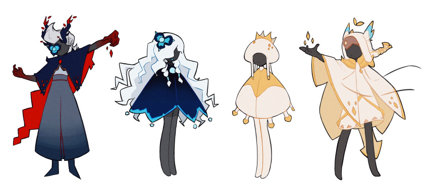 1girl, 3boys, absurdres, barefoot, black_capelet, black_horns, black_skin, blonde_hair