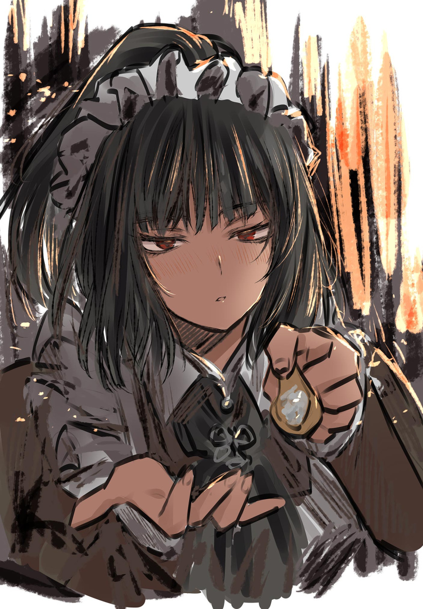 1girl, apron, ascot, black_hair, blush, brooch, dainatsu, eyelashes, food, frilled_apron, frills, highres, holding, holding_spoon, incoming_food, jewelry, limbus_company, looking_at_viewer, maid, maid_apron, maid_headdress, official_alternate_costume, open_mouth, project_moon, red_eyes, ryoshu_(project_moon), short_hair, short_ponytail, solo, spoon