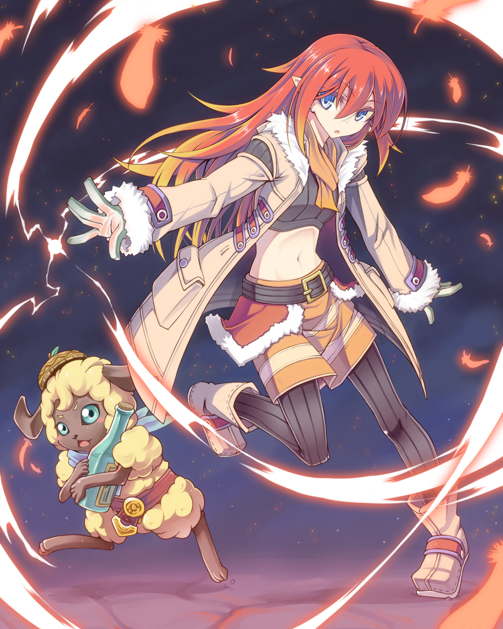 blue_eyes, bottle, coat, earrings, feathers, fire, flying, fur_trim, gloves, gradient_hair, highres, jewelry, long_hair, magic, mice, midriff, multicolored_hair, navel, orange_hair, pantyhose, pointy_ears, red_hair, redhead, rune_factory, rune_factory_3, sheep, skirt, toona, tori_(amadok79), yuu_(amadoki)