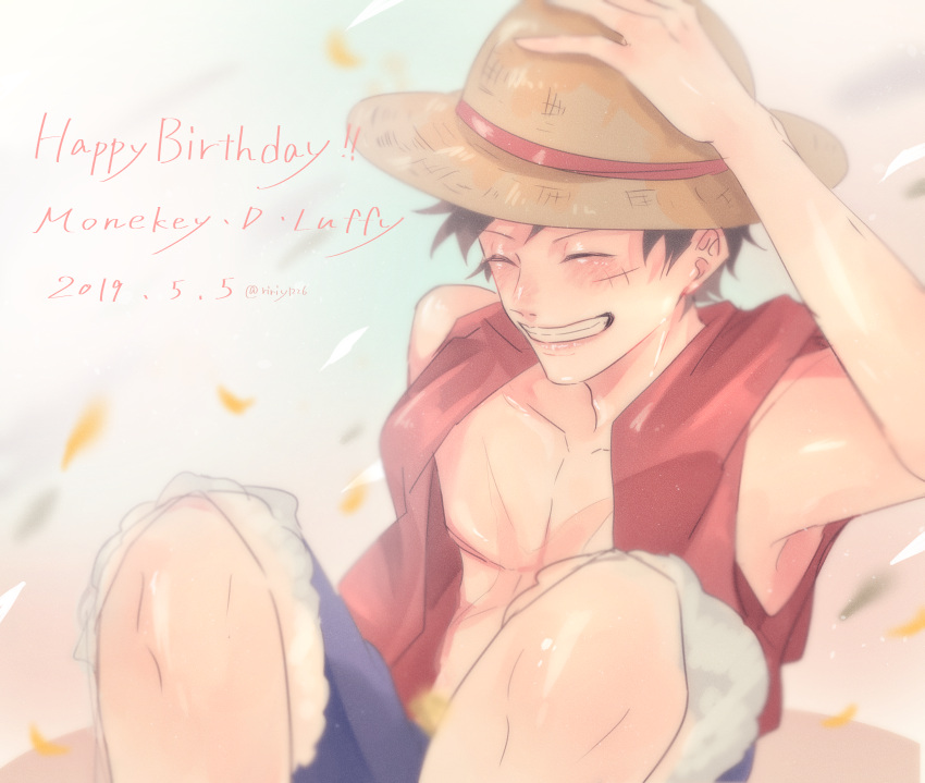 1boy, ^_^, absurdres, black_hair, blue_shorts, character_name, closed_eyes, commentary_request