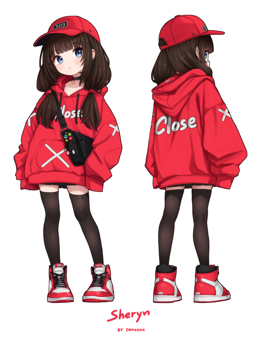 1girl, absurdres, artist_name, baseball_cap, black_skirt, black_thighhighs, blue_eyes, brown_hair, character_name, choker, comodomodo, earrings, full_body, hat, highres, hood, hoodie, jewelry, legs, long_hair, multiple_views, original, red_eyes, red_footwear, red_hair, red_hat, red_hoodie, red_shirt, red_t-shirt, sheryn_(comodomodo), shirt, shoes, skirt, sleeves_past_wrists, standing, thigh-highs, thighs, turnaround, twintails