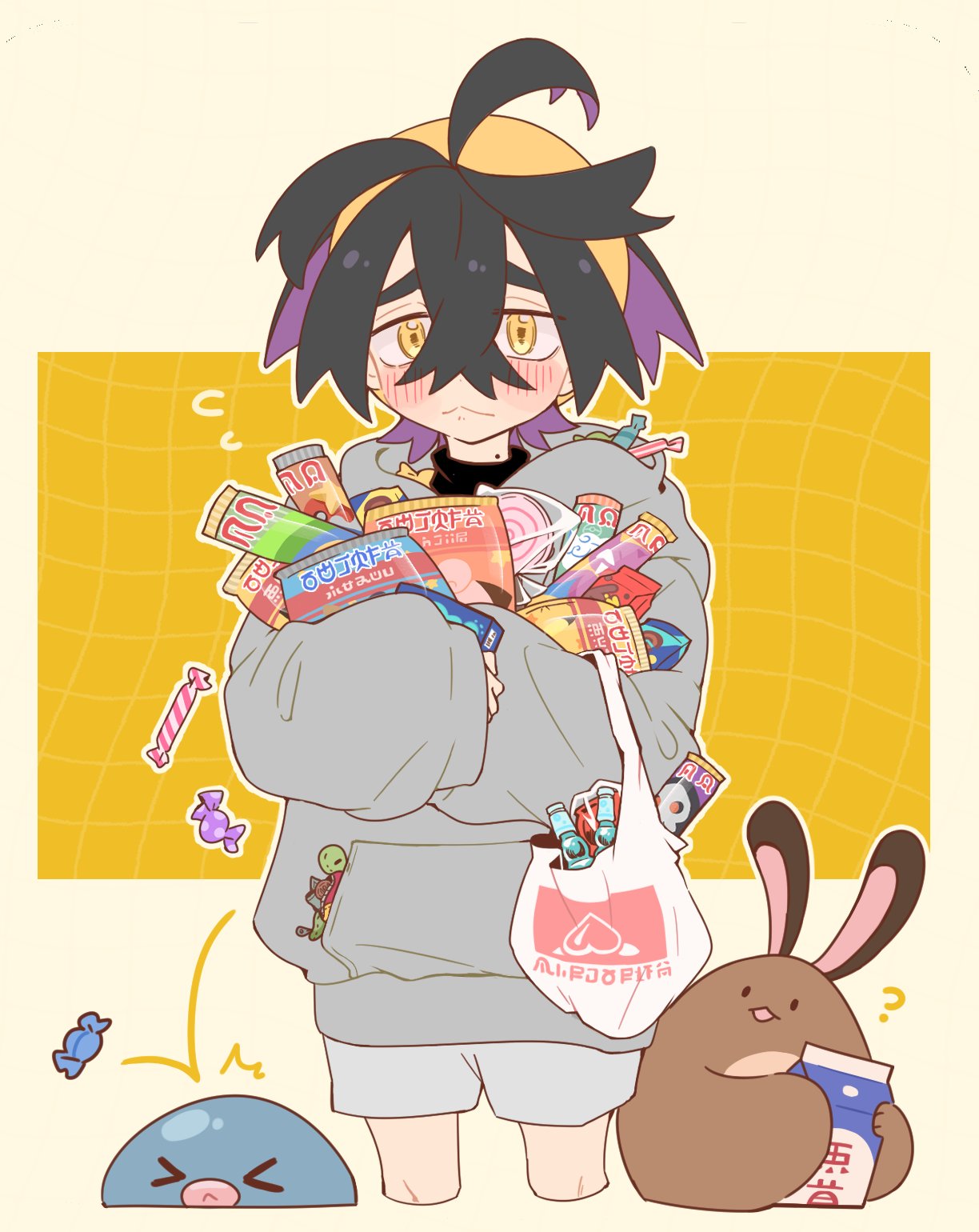 >_<, 1boy, :<, ?, alternate_costume, bag, black_hair, black_sweater
