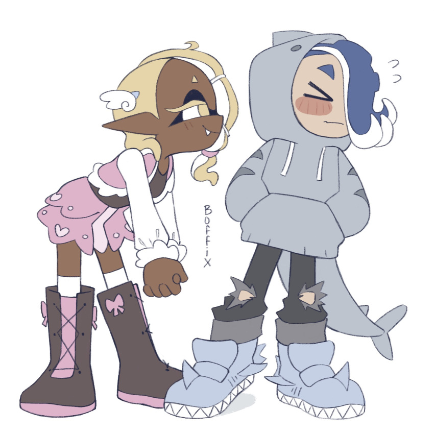 >_<, 2girls, alternate_costume, animal-themed_footwear, animal_hood, averting_eyes, black_footwear, black_pants