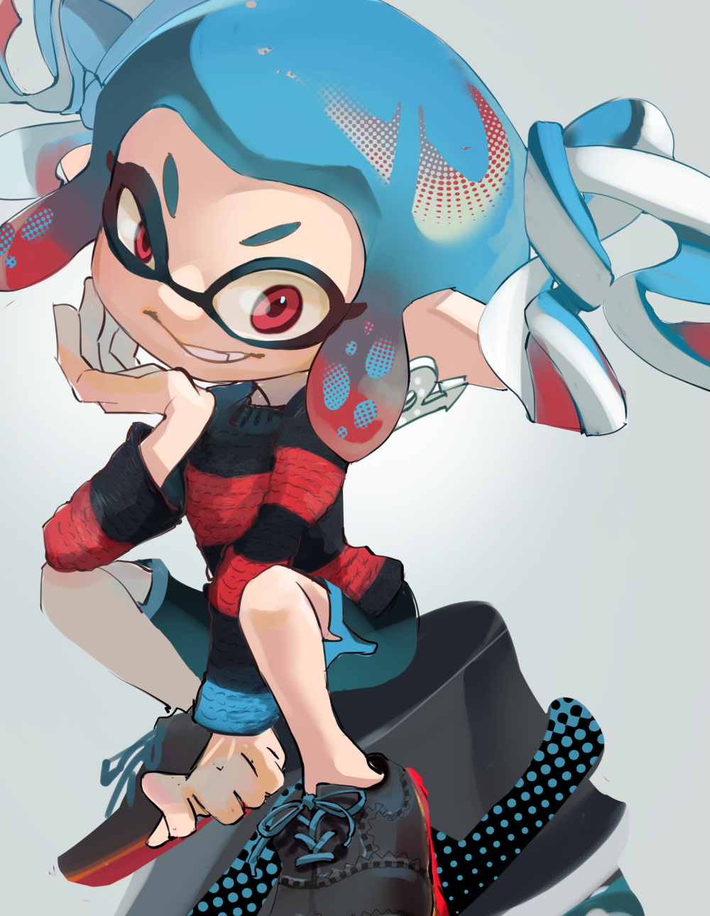 1girl, black_footwear, black_shorts, bloblobber_(splatoon), blue_hair, earrings, gradient_hair, grin