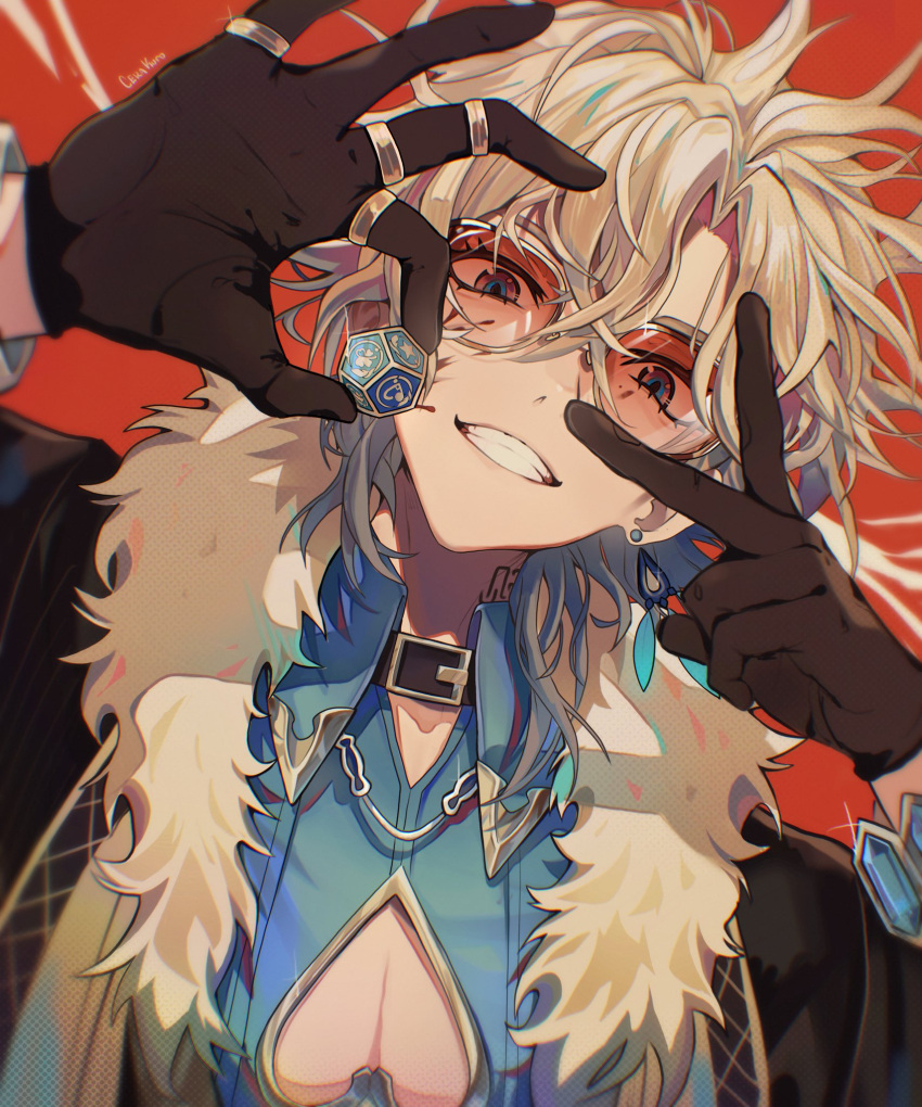 1boy, aqua_shirt, aventurine_(honkai:_star_rail), black_gloves, blonde_hair, bracelet, cerakuro, clothing_cutout