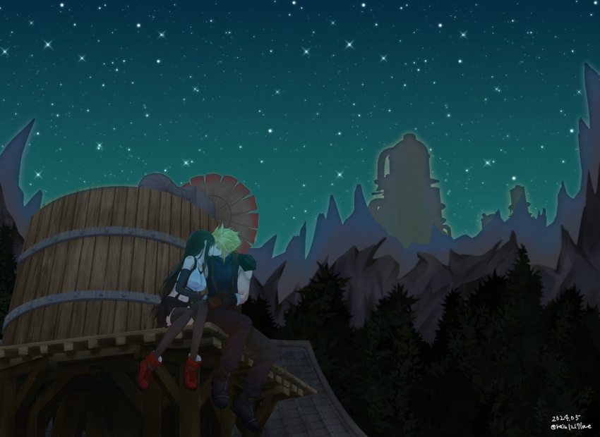 1boy, 1girl, armor, bare_shoulders, birthday, black_gloves, black_hair, black_skirt, black_thighhighs, blonde_hair, boots, breasts, closed_eyes, cloud_strife, commentary_request, couple, crop_top, dated, elbow_gloves, facing_another, final_fantasy, final_fantasy_vii, final_fantasy_vii_rebirth, final_fantasy_vii_remake, full_body, gloves, highres, kiss, large_breasts, long_hair, midriff, mountain, mountainous_horizon, night, night_sky, outdoors, rain1217love, red_footwear, scenery, shoulder_armor, sitting, skirt, sky, sleeveless, sleeveless_turtleneck, spiky_hair, star_(sky), starry_sky, suspender_skirt, suspenders, sweater, tank_top, thigh-highs, tifa_lockhart, turtleneck, turtleneck_sweater, twitter_username, water_tank, water_tower, white_tank_top
