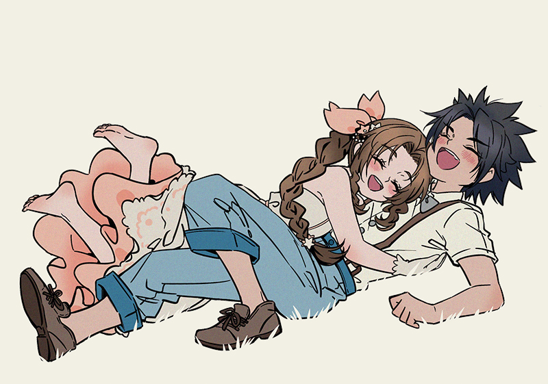 1boy, 1girl, aerith_gainsborough, aged_down, alternate_costume, bare_shoulders, barefoot, black_hair, blue_pants, blush, bow, bowtie, braid, braided_ponytail, brown_footwear, brown_hair, collared_shirt, commentary, couple, crisis_core_final_fantasy_vii, denim, dress, feet, final_fantasy, final_fantasy_vii, final_fantasy_vii_rebirth, final_fantasy_vii_remake, flower, full_body, gloves, grey_bow, grey_bowtie, hair_flower, hair_ornament, hair_ribbon, happy, hug, huosheanng, jeans, long_hair, lying, on_back, open_mouth, pants, parted_bangs, pink_ribbon, ribbon, shirt, simple_background, smile, spiky_hair, symbol-only_commentary, white_dress, white_gloves, white_shirt, zack_fair