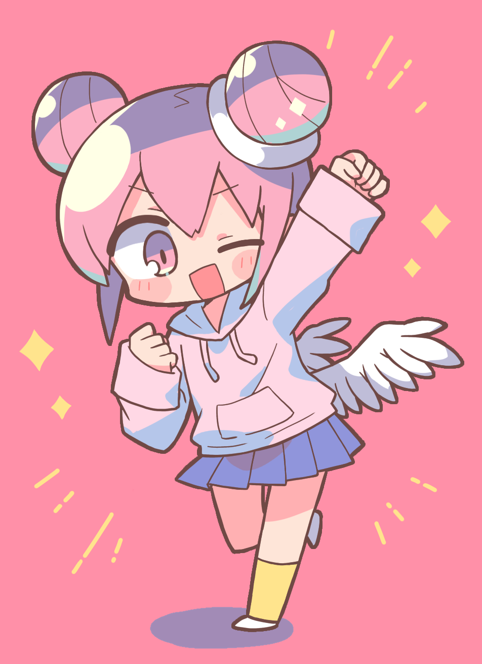 1girl, angel, angel_wings, arm_up, blue_skirt, blush_stickers, chibi, clenched_hands