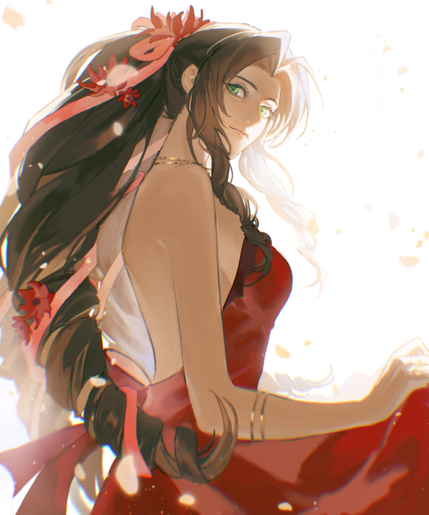1girl, absurdres, aerith_gainsborough, aerith_gainsborough_(red_dress), armlet, backless_outfit, bare_shoulders, breasts