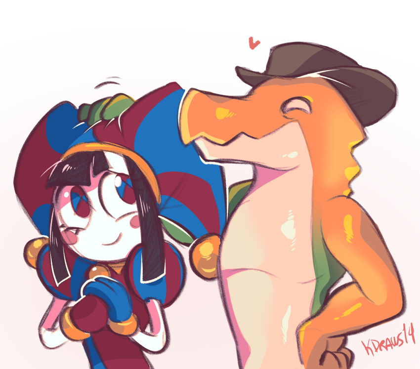 1boy, 1girl, asymmetrical_gloves, blue_eyes, blue_gloves, blush_stickers, brown_hat, clown