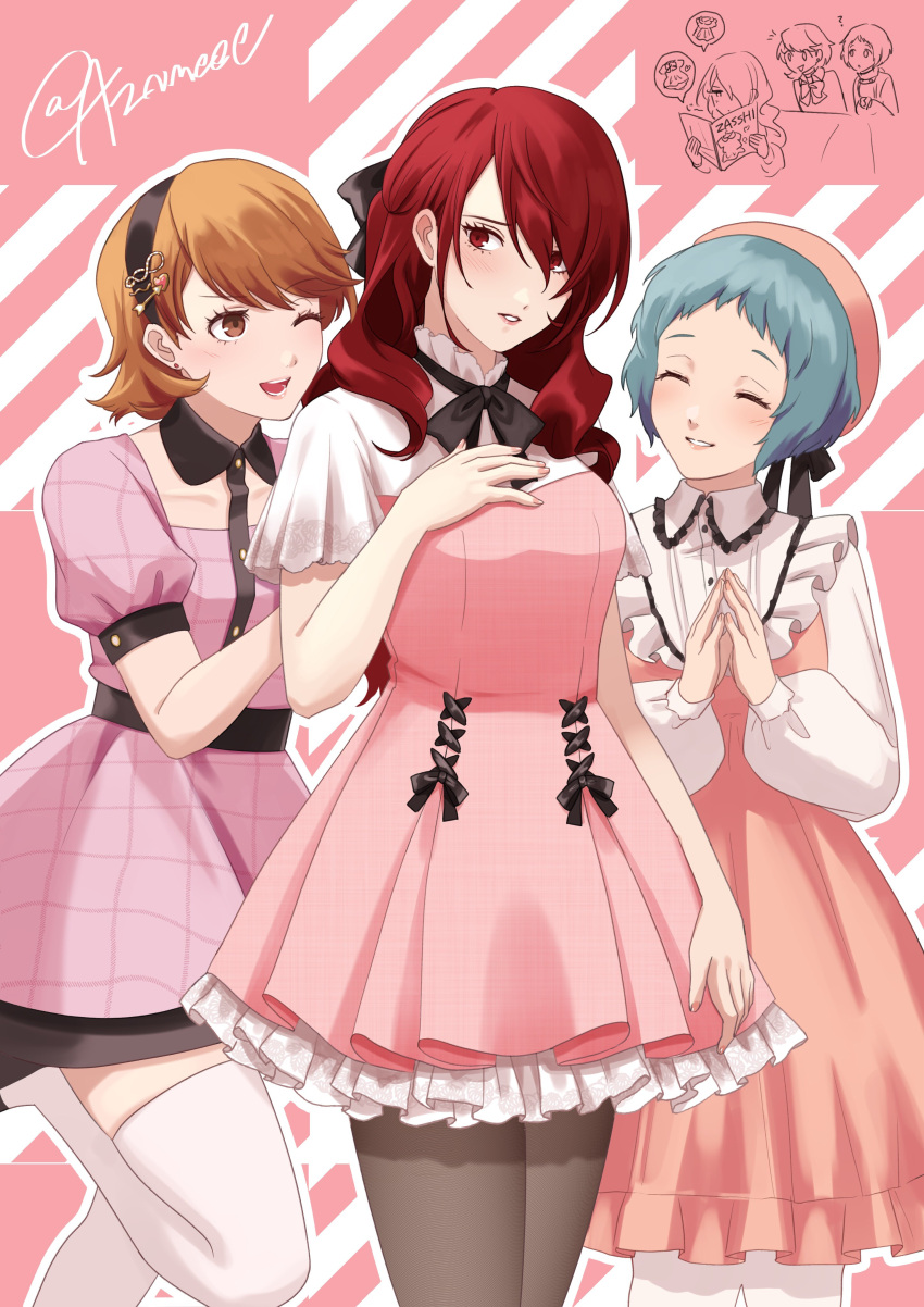 3girls, absurdres, alternate_costume, aqua_hair, arrow_hair_ornament, aznmeee, black_bow, black_bowtie