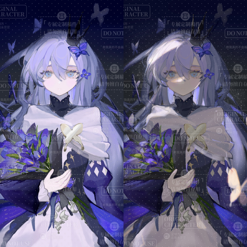 1girl, bad_bcy_id, bad_id, black_collar, black_crown_(object), blue_background, blue_eyes, blue_flower, blue_sleeves, bouquet, butterfly_brooch, butterfly_hair_ornament, capelet, collar, collared_capelet, cowboy_shot, crown, dress, expressionless, eyelashes, eyeshadow, fingernails, flower, hair_between_eyes, hair_flower, hair_ornament, high_collar, highres, holding, holding_bouquet, jiu_wo_zhende_buhui_hua_cheng_nan, juliet_sleeves, long_hair, long_sleeves, looking_at_viewer, makeup, mini_crown, original, parted_lips, puffy_sleeves, purple_eyeshadow, purple_hair, sample_watermark, simple_background, straight-on, variations, watermark, white_capelet, white_dress