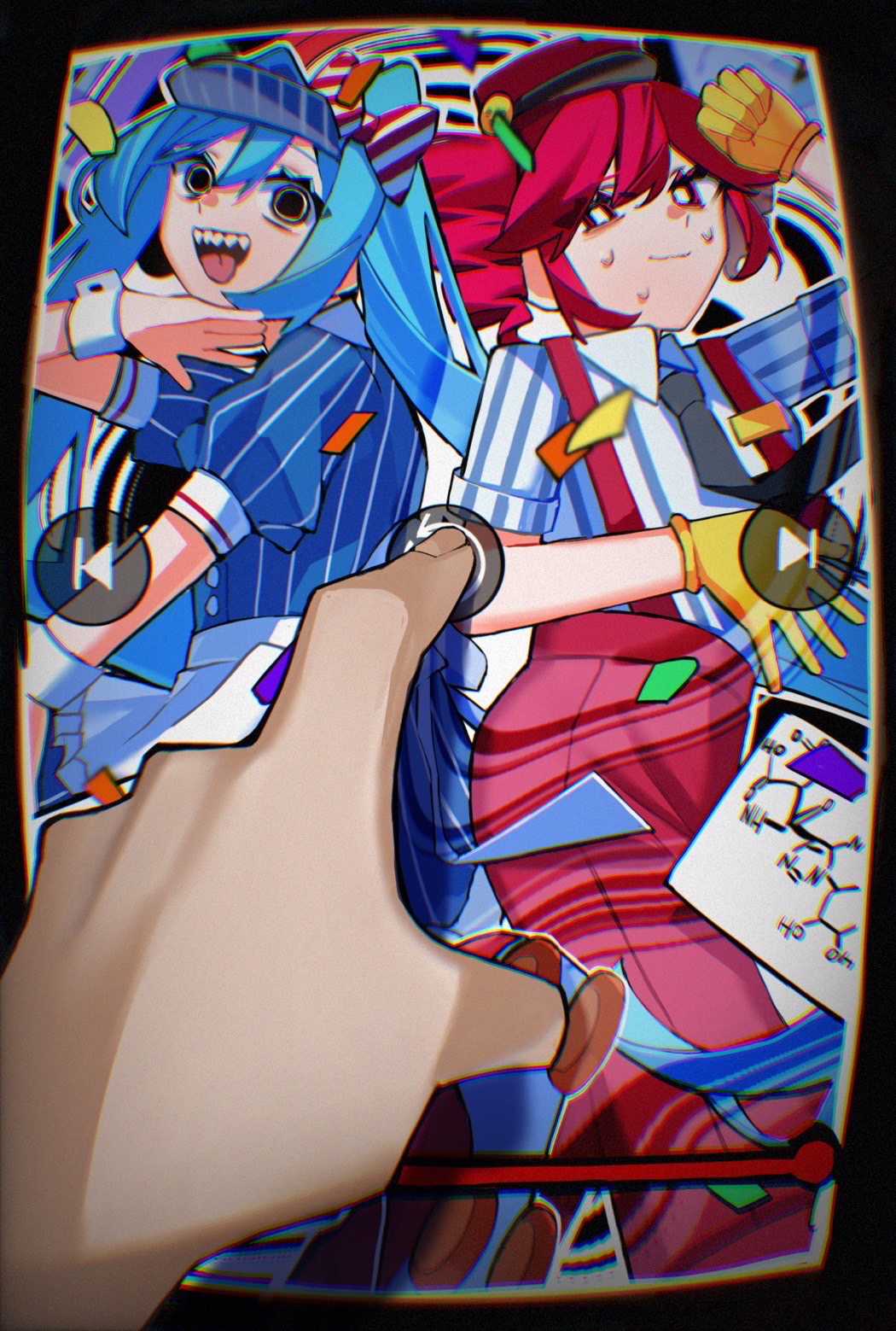 2girls, apron, black_eyes, black_necktie, blue_dress, blue_hair, bow, closed_mouth