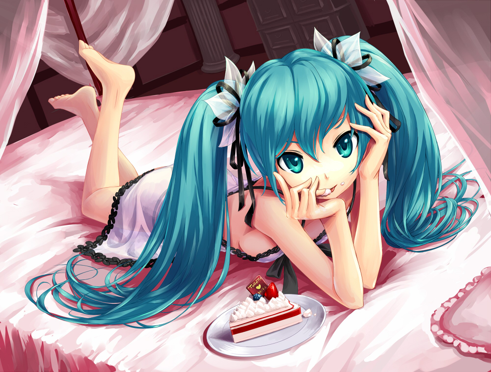 aqua_eyes, aqua_hair, barefoot, bed, breasts, cake, food, hair_ribbon, hatsune_miku, long_hair, lying, on_stomach, ribbon, sideboob, smile, solo, tonoimo, twintails, vocaloid