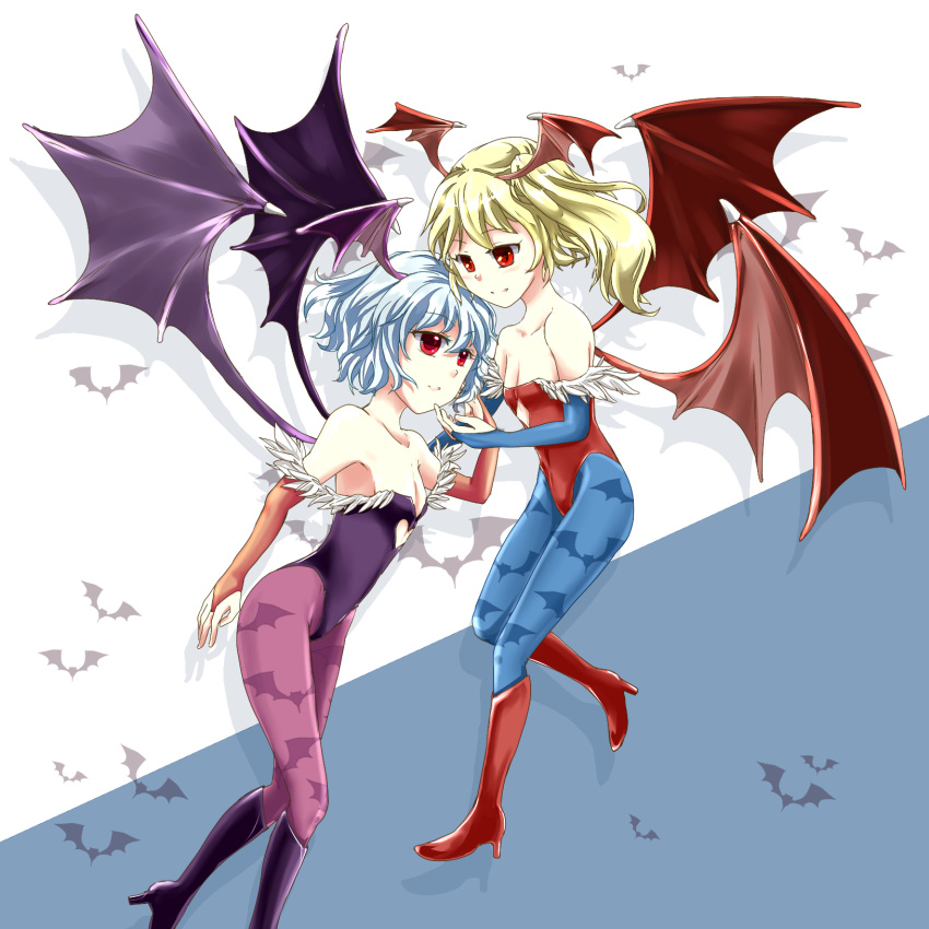 bare_shoulders, bat_wings, blonde_hair, blue_hair, blue_pantyhose, capcom, cosplay, flandre_scarlet