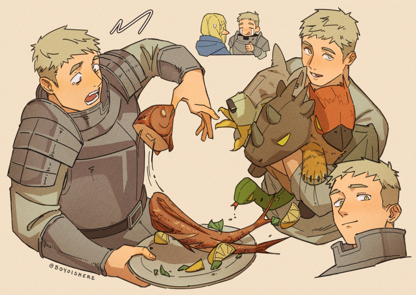 1boy, 1girl, amputee, arm_up, armor, artist_name, biting, blonde_hair