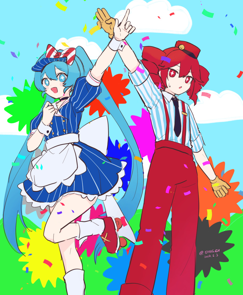 2girls, apron, black_hat, black_necktie, blue_dress, blue_eyes, blue_hair, bow