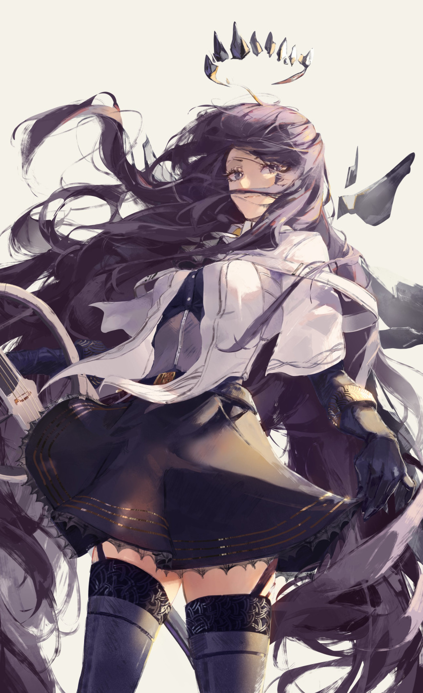 1girl, absurdres, arknights, ascot, belt, belt_buckle, black_ascot, black_belt, black_bustier, black_eyes, black_garter_straps, black_gloves, black_hair, black_halo, black_skirt, black_thighhighs, black_wings, breasts, broken_halo, brown_background, buckle, bustier, buttons, cello, closed_mouth, commentary, cowboy_shot, dark_halo, detached_wings, energy_wings, eyelashes, floating_hair, from_side, gandy_(gan3e46), garter_straps, gloves, grey_shirt, halo, highres, holding, holding_instrument, instrument, jacket, lace-trimmed_skirt, lace_trim, layered_clothes, layered_sleeves, light_smile, lips, long_hair, long_sleeves, looking_at_viewer, looking_to_the_side, medium_breasts, miniskirt, shade, shirt, short-sleeved_jacket, short_over_long_sleeves, short_sleeves, sidelighting, sidelocks, simple_background, skirt, skirt_hold, solo, standing, strap, thigh-highs, very_long_hair, virtuosa_(arknights), white_jacket, wide_sleeves, wings, yellow_pupils, zettai_ryouiki