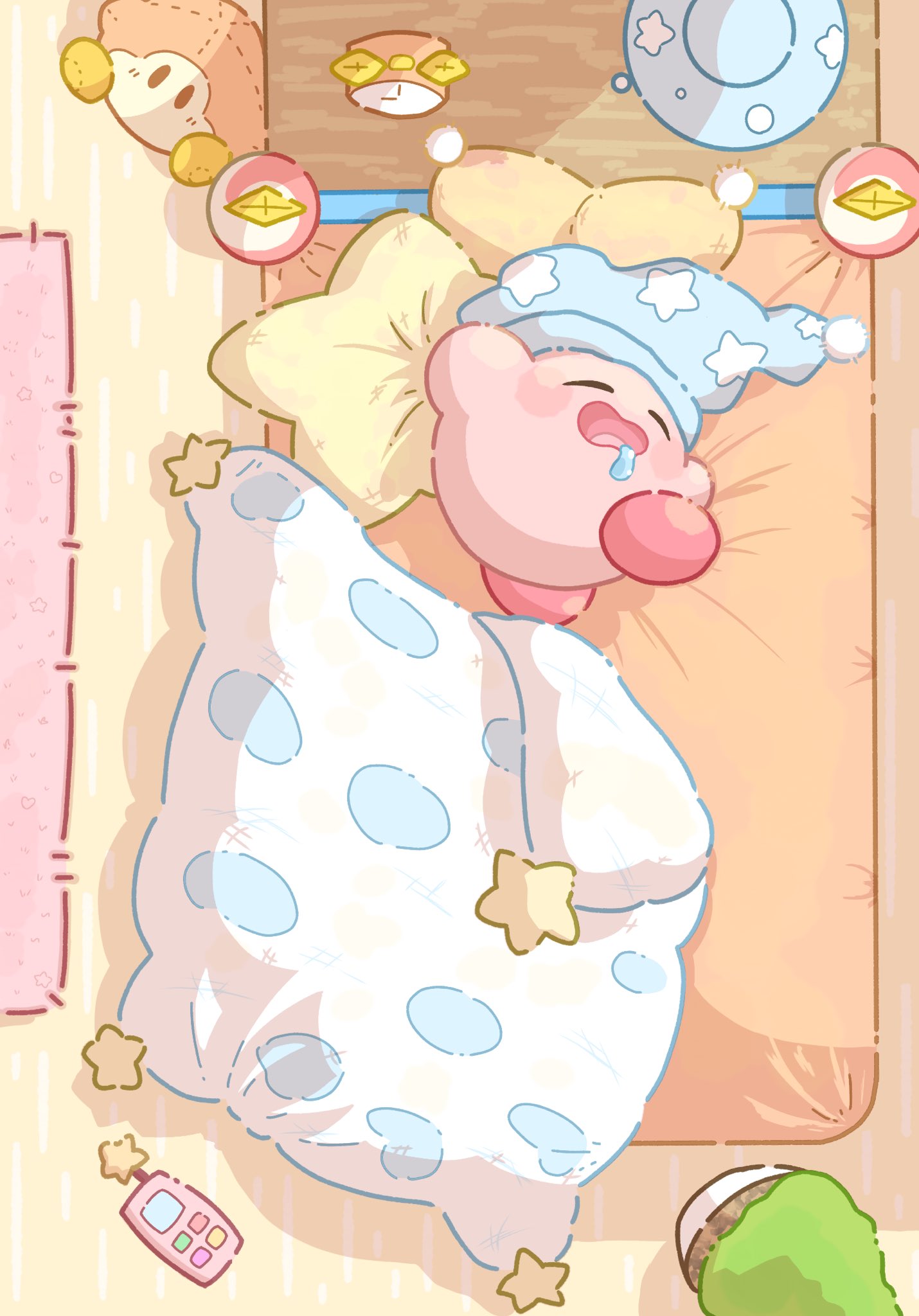 1boy, alarm_clock, bed, blanket, character_doll, clock, closed_eyes, drooling, hat, highres, indoors, kirby, kirby_(series), nightcap, ripptowe6p, saliva, sleeping, solo, waddle_dee