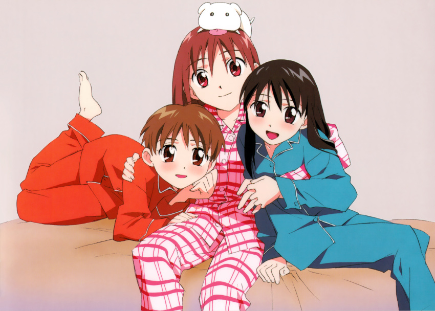 3girls, absurdres, aqua_necktie, aqua_pajamas, barefoot, bed, black_hair, bob_cut