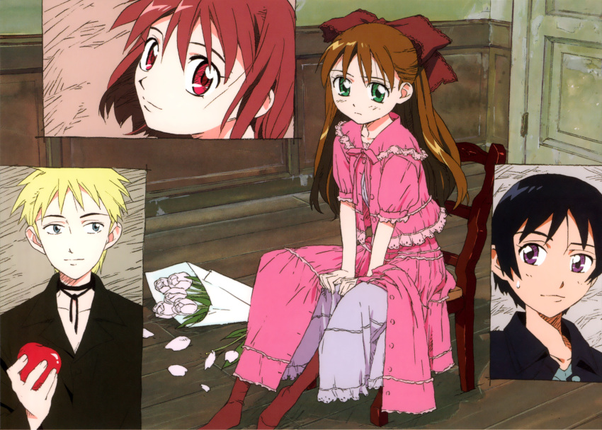 1boy, 3girls, absurdres, apple, aqua_necktie, blonde_hair, bob_cut, bow