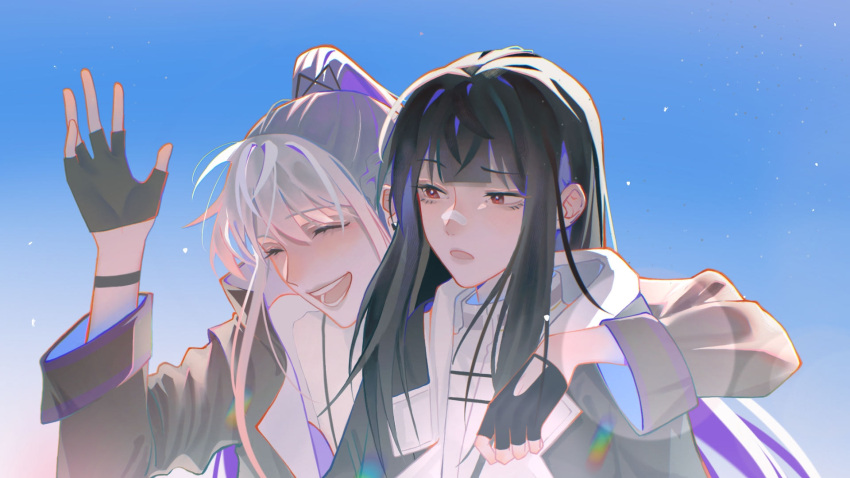 2girls, arm_around_shoulder, bai_yi_(path_to_nowhere), bandaid, bandaid_on_face, bandaid_on_nose, black_gloves, black_hair