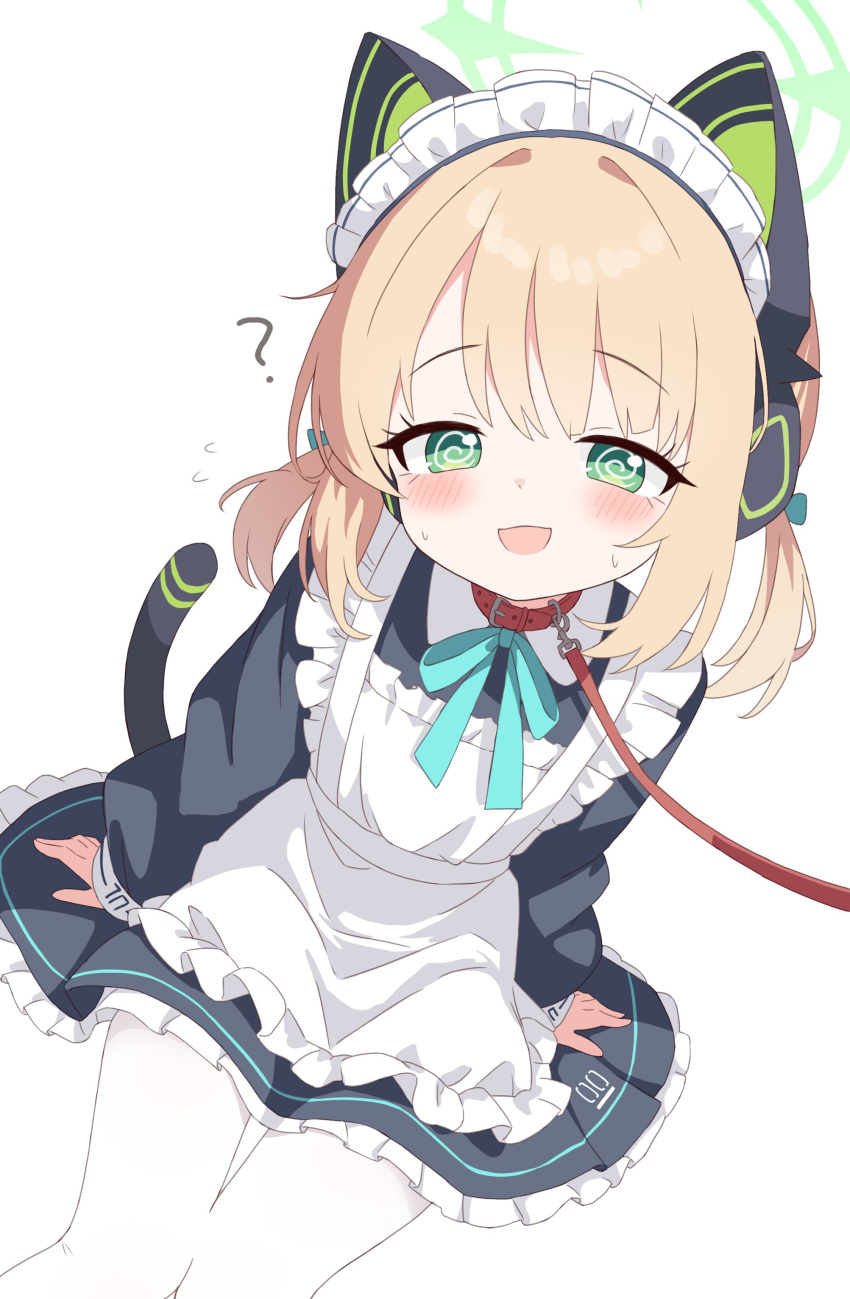 1girl, :d, ?, @_@, absurdres, animal_ear_headphones, animal_ears, apron