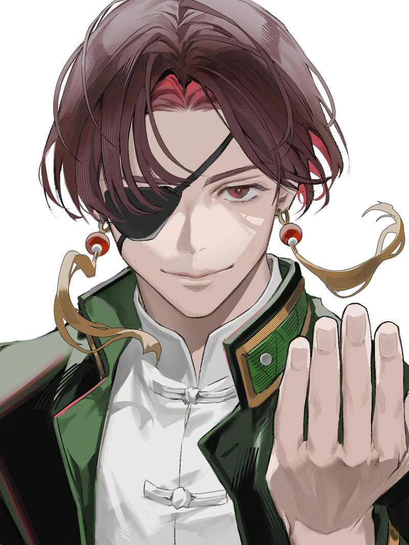 1boy, 77ho, brown_eyes, brown_hair, chinese_clothes, earrings, eyepatch, hayato_suou