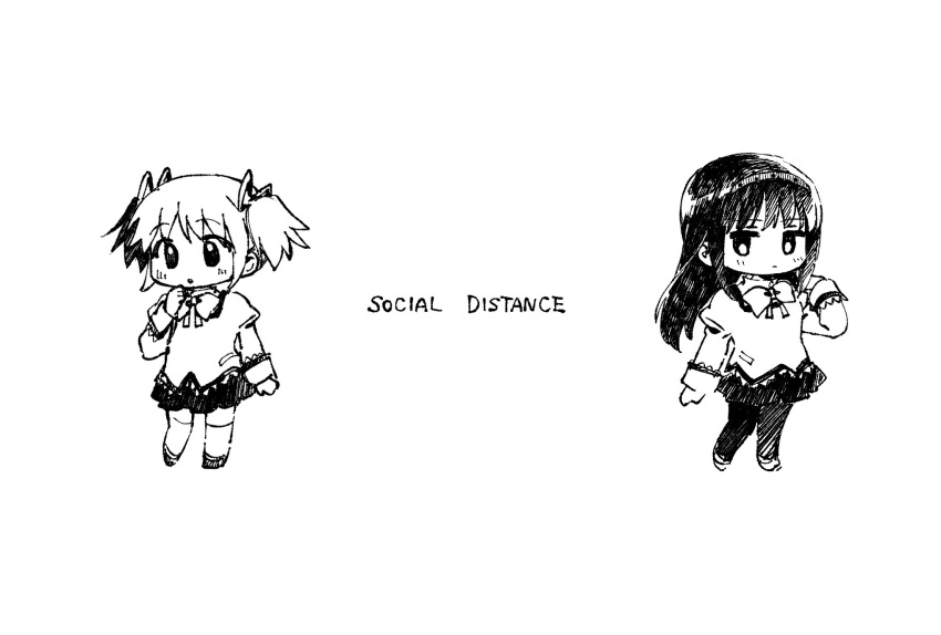 2girls, :o, akemi_homura, bow, bowtie, chibi, clenched_hand, closed_mouth