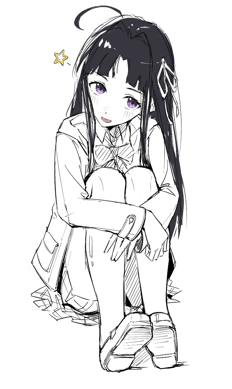 1girl, ahoge, awa_subaru, black_hair, blush, bow, bowtie, chinese_commentary