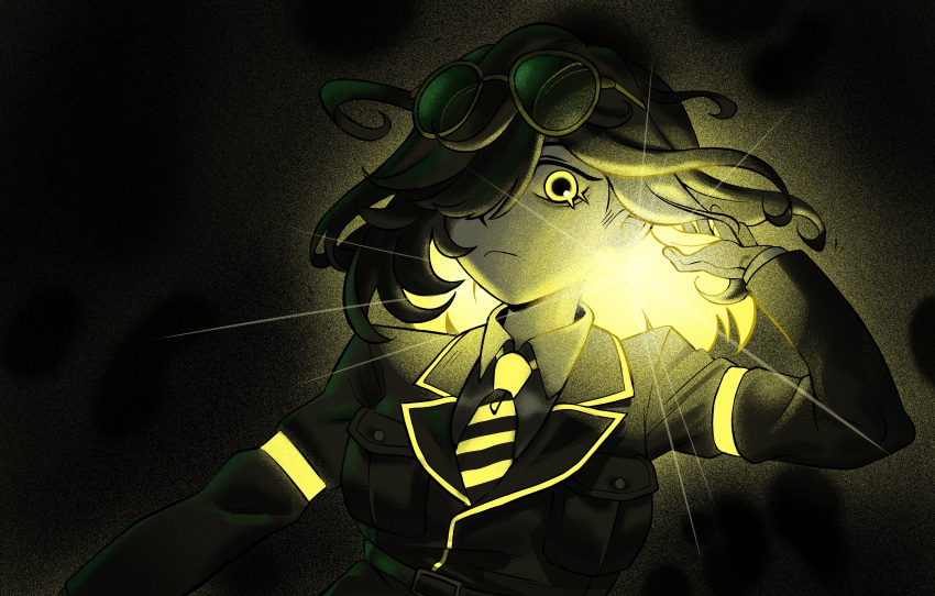 absurdres, black_hair, blonde_hair, colored_skin, dark, eyewear_on_head, glowing, glowing_eyes