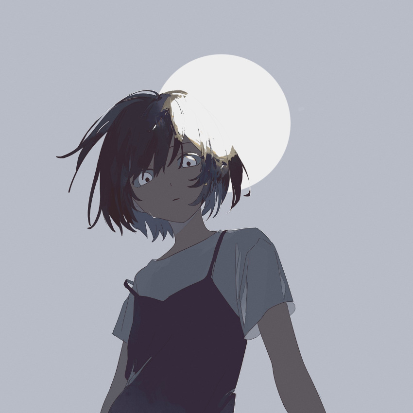 1girl, black_camisole, brown_hair, camisole, circle, closed_mouth, commentary_request, expressionless, grey_background, highres, looking_at_viewer, manuga_(manuga430), original, shirt, short_hair, short_sleeves, simple_background, solo, upper_body, white_shirt