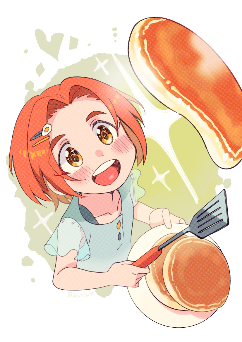 1girl, :d, blue_shirt, food, hair_ornament, hairclip, holding, holding_plate